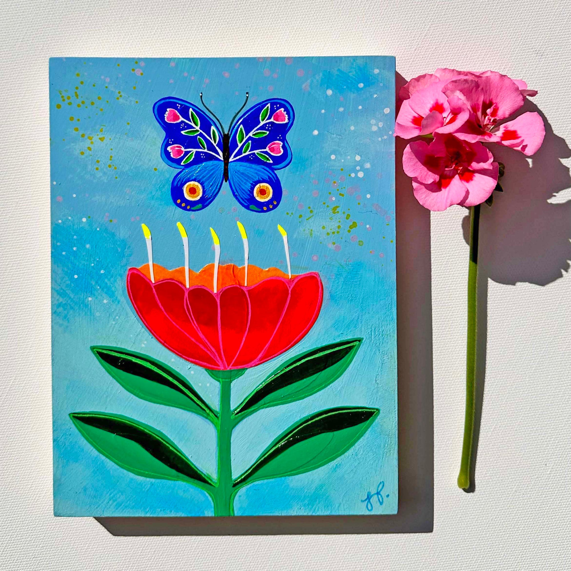 Butterfly Garden Blue Sky (6x8) Original Mixed Media Painting
