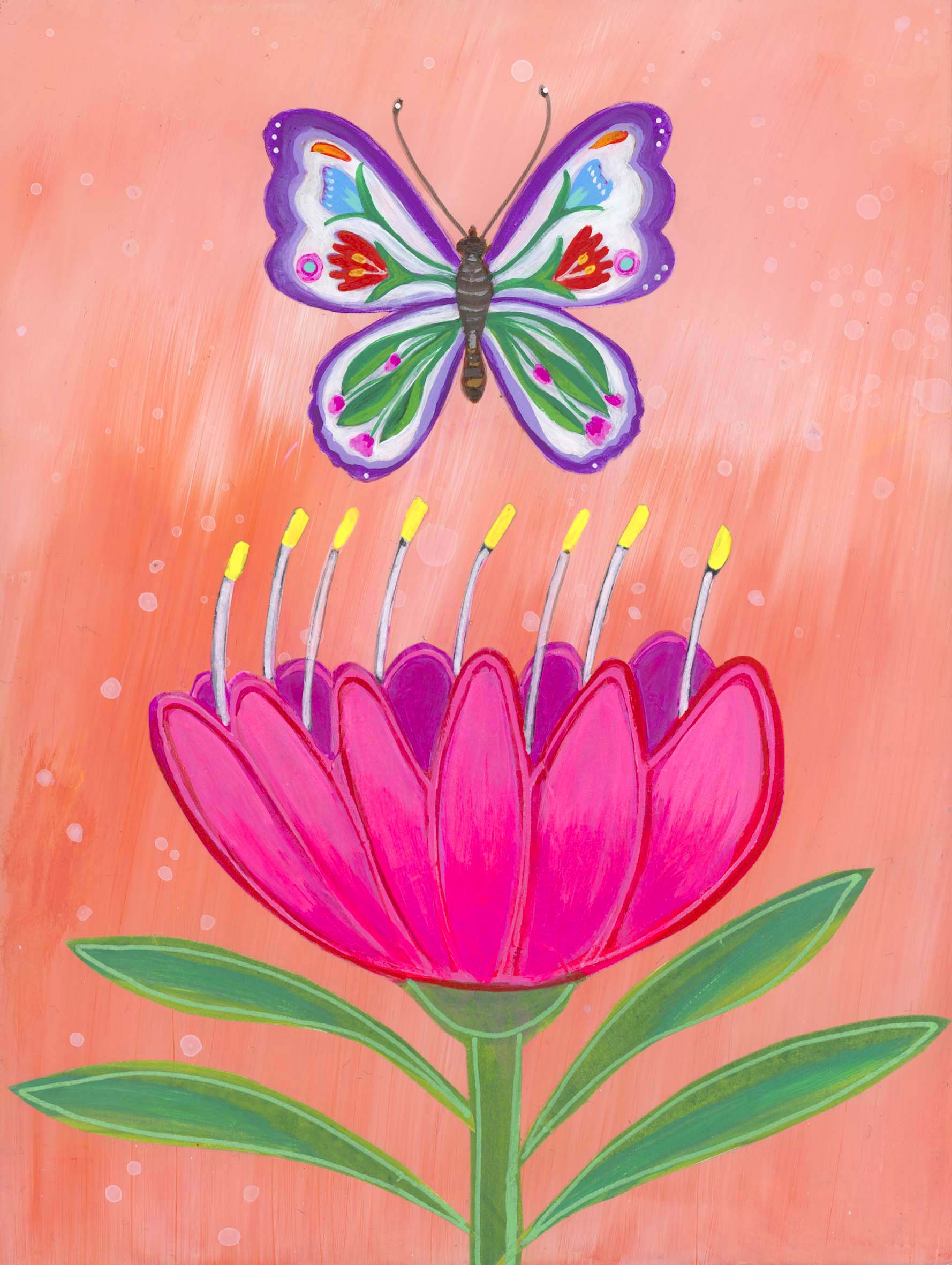 Butterfly Garden Peach Sky (6x8) Original Mixed Media Painting