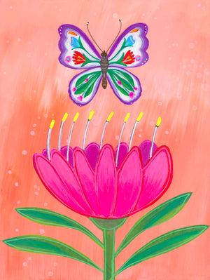 Butterfly Garden Peach Sky (6x8) Original Mixed Media Painting