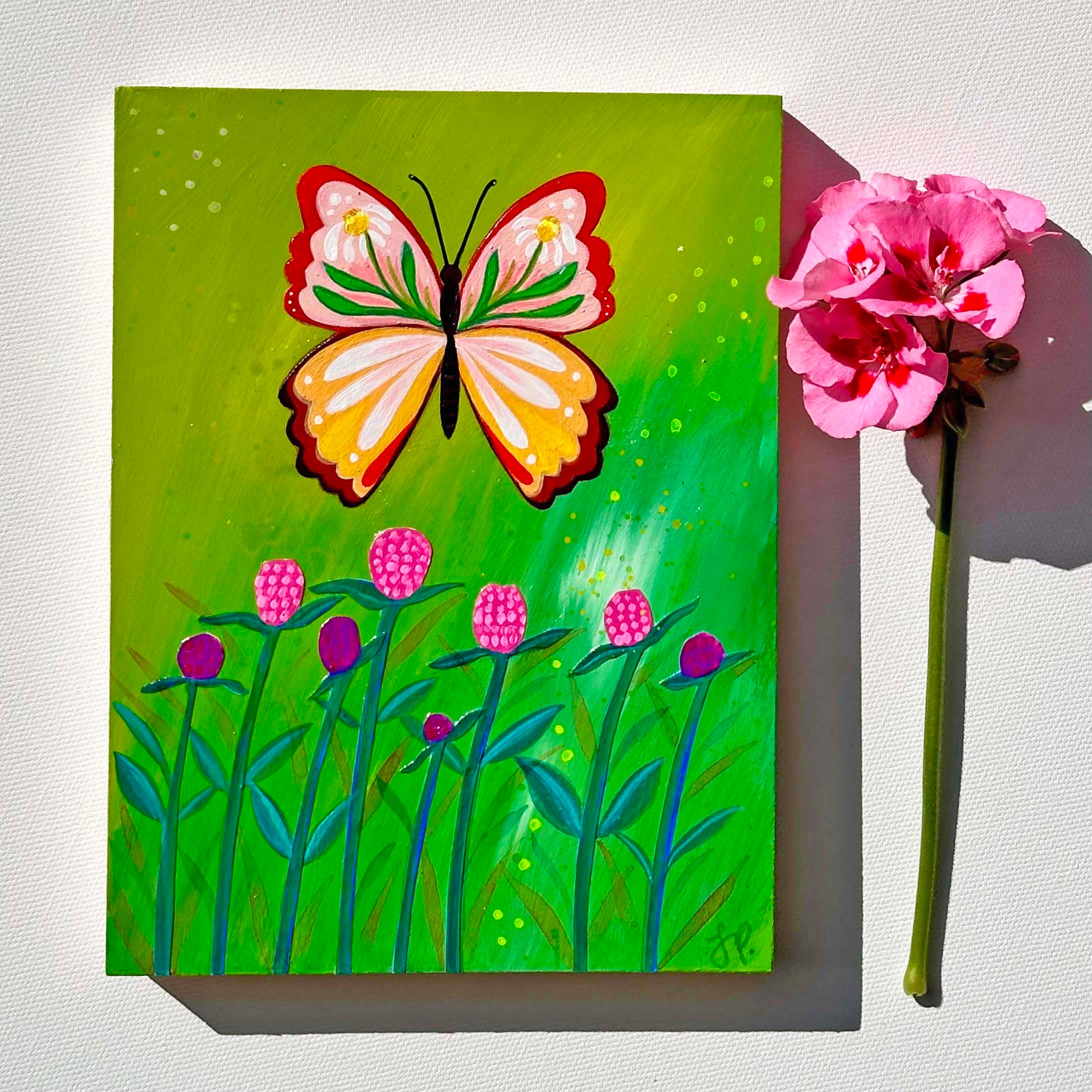 Butterfly Garden Green Sky (6x8) Original Mixed Media Painting
