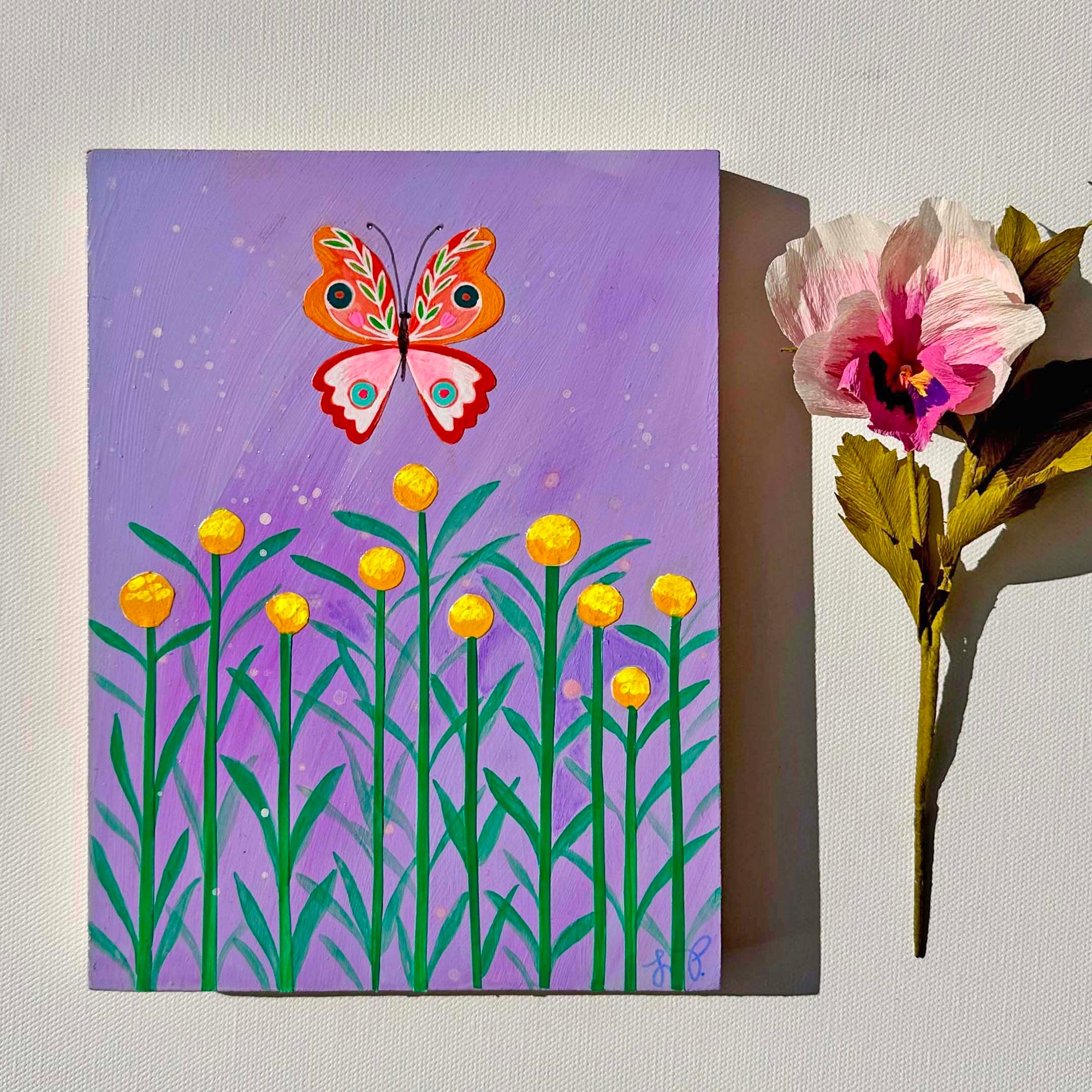 Butterfly Garden Purple Sky (6x8) Original Mixed Media Painting