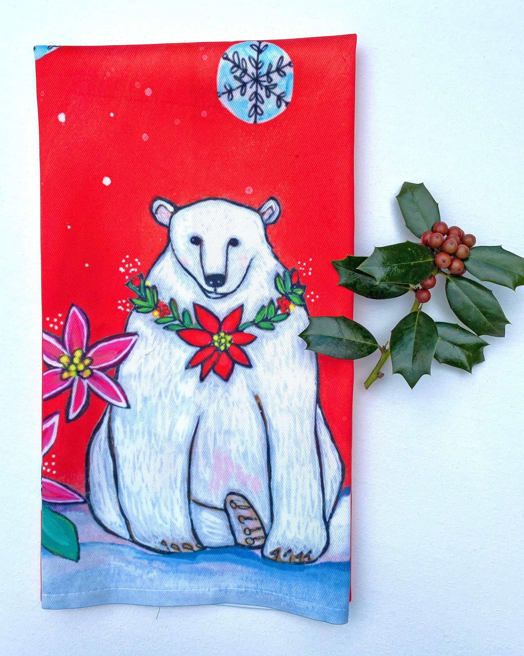 Holiday Tea Towel- Polar Bear -Happy Tonight