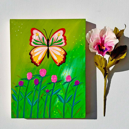 Butterfly Garden Green Sky (6x8) Original Mixed Media Painting