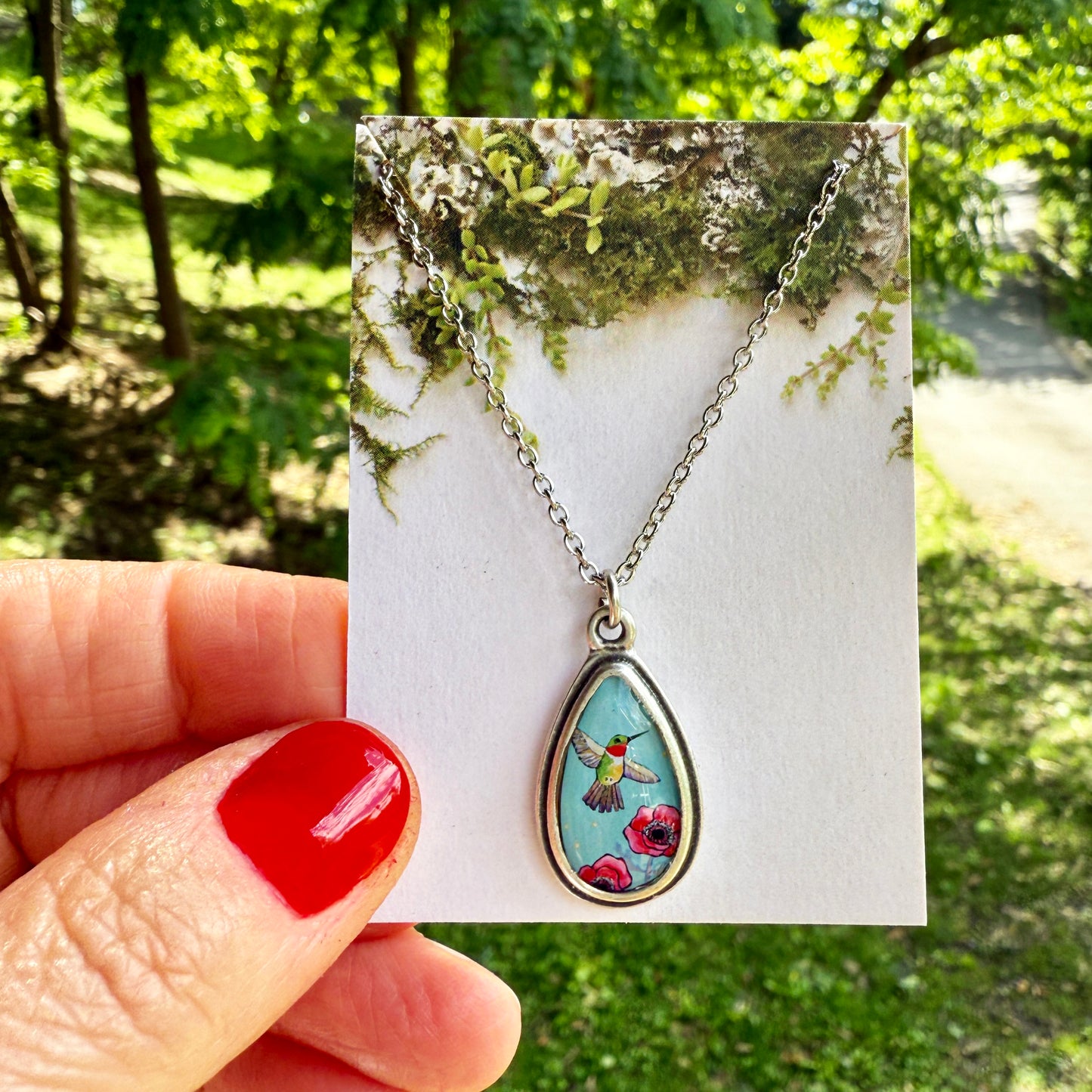 Blue Hummingbird Small Silver Teardrop Necklace