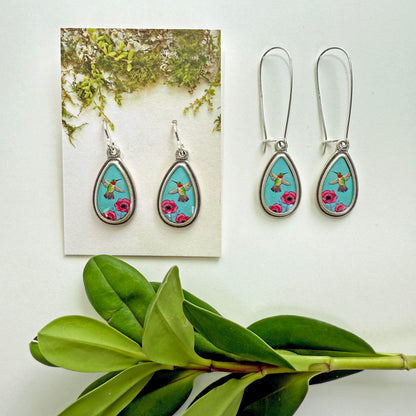 Blue Hummingbird Small Silver Teardrop Earrings