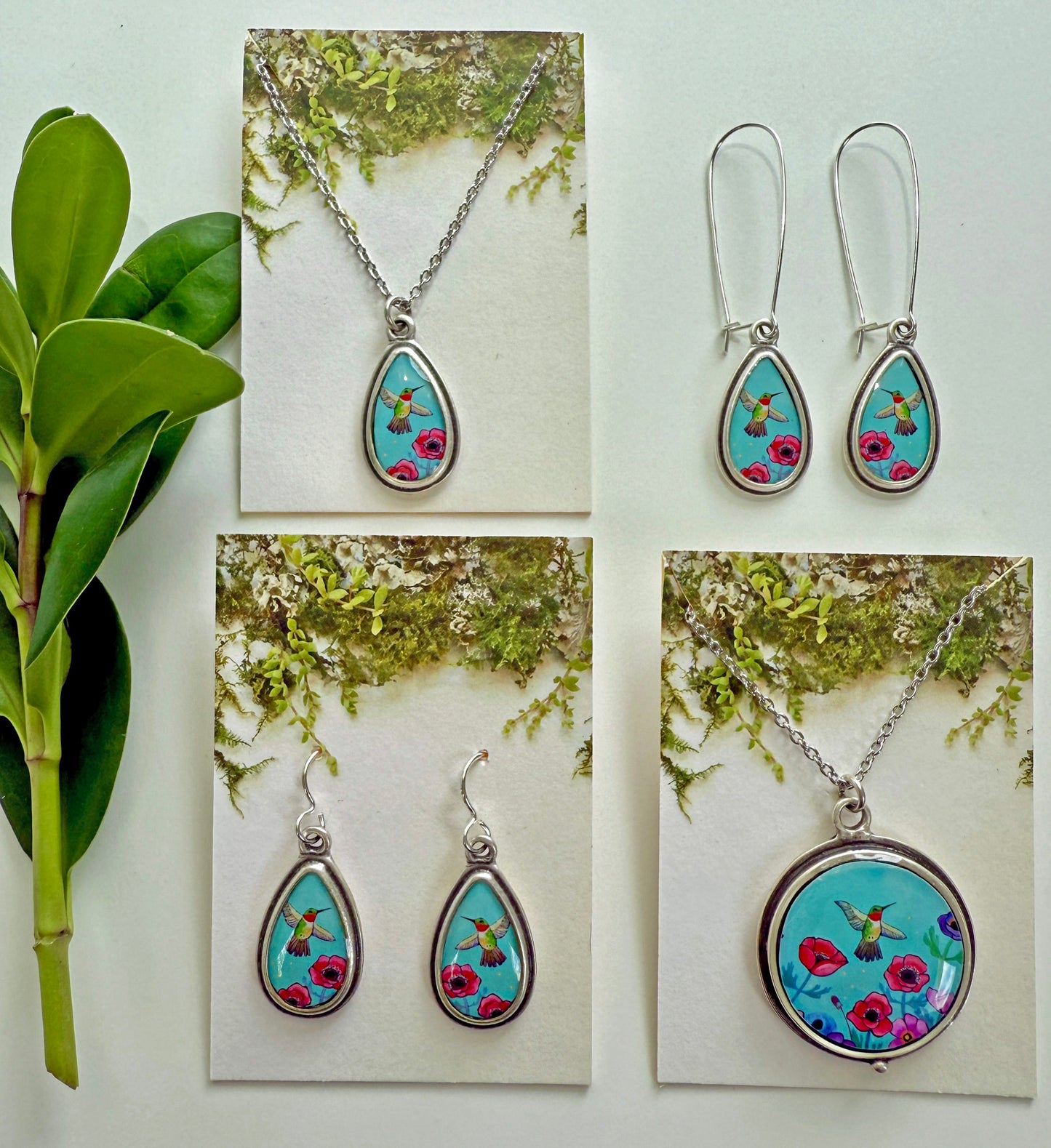 Blue Hummingbird Small Silver Teardrop Necklace