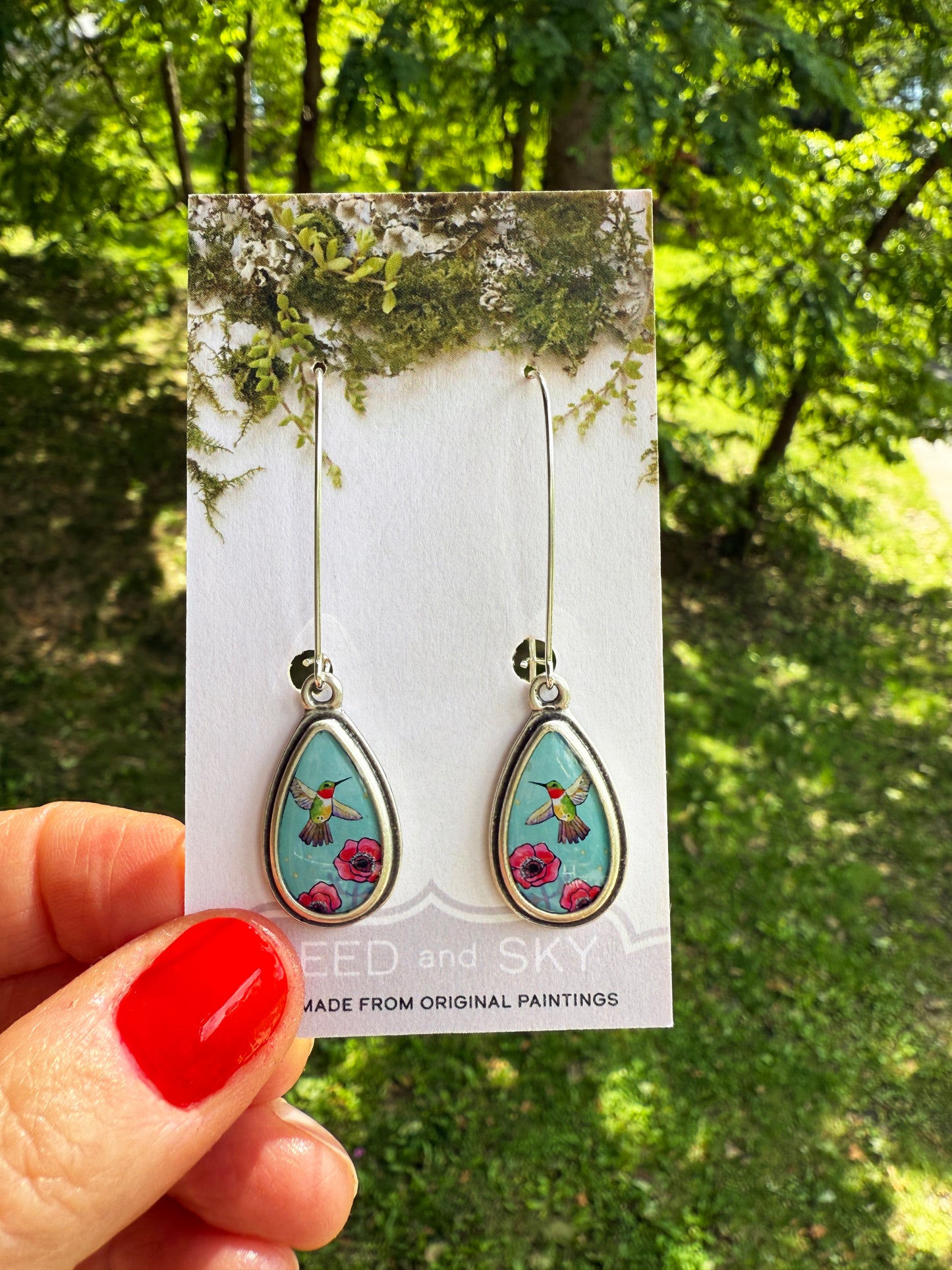 Blue Hummingbird Small Silver Teardrop Earrings