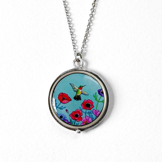 Blue Hummingbird Round Silver Necklace