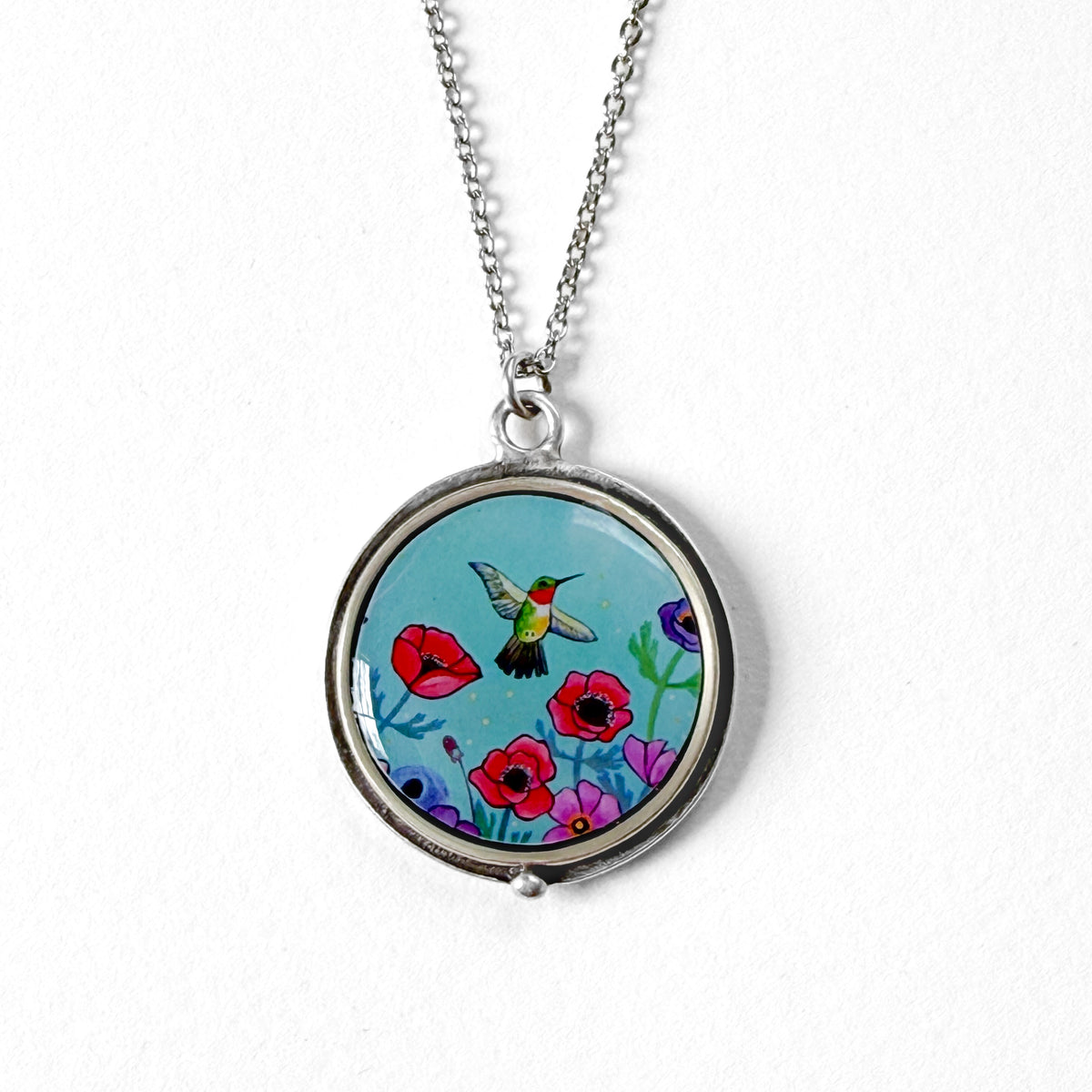 Blue Hummingbird Round Silver Necklace