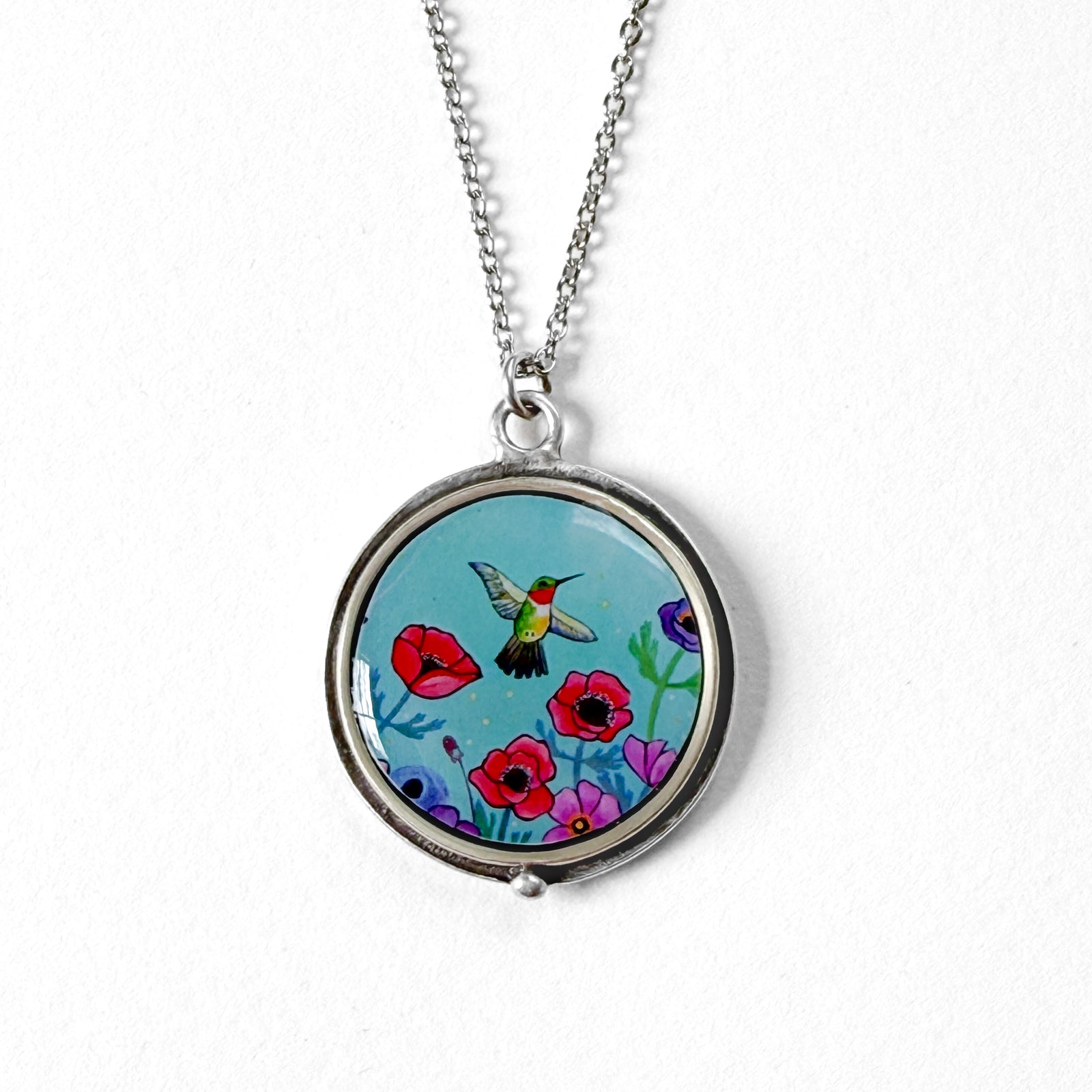 Blue Hummingbird Round Silver Necklace
