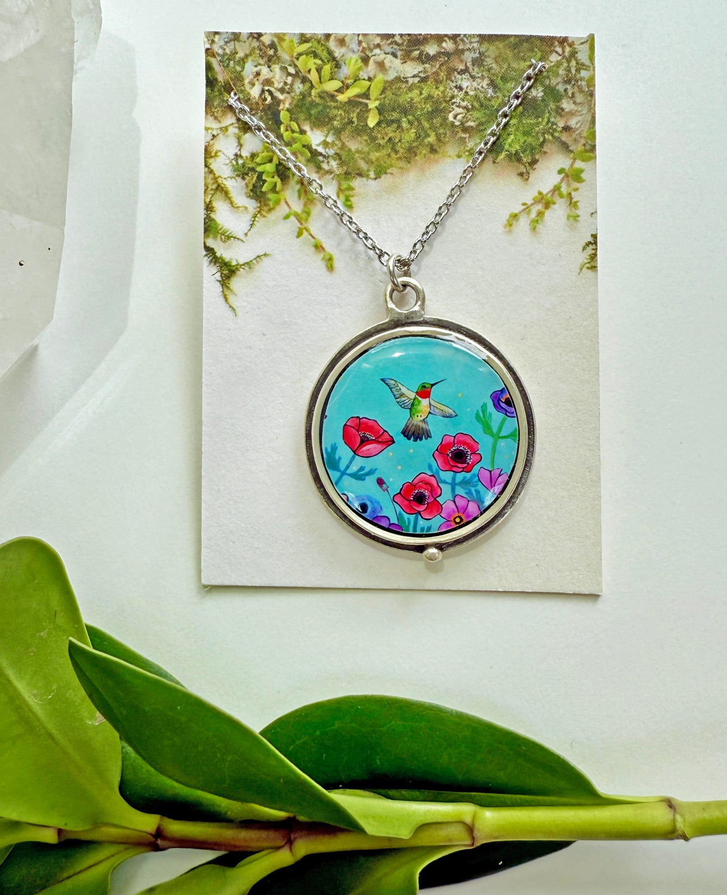 Blue Hummingbird Round Silver Necklace