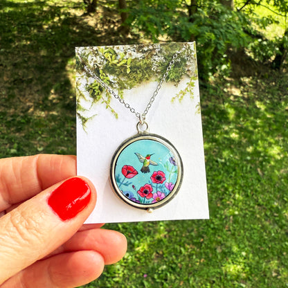 Blue Hummingbird Round Silver Necklace