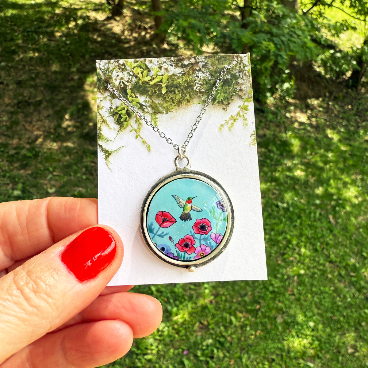 Blue Hummingbird Round Silver Necklace