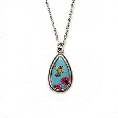 Blue Hummingbird Small Silver Teardrop Necklace