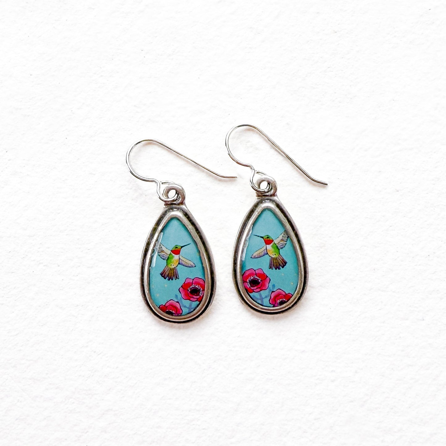 Blue Hummingbird Small Silver Teardrop Earrings