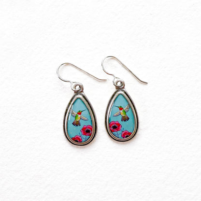 Blue Hummingbird Small Silver Teardrop Earrings