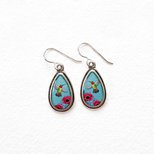 Blue Hummingbird Small Silver Teardrop Earrings