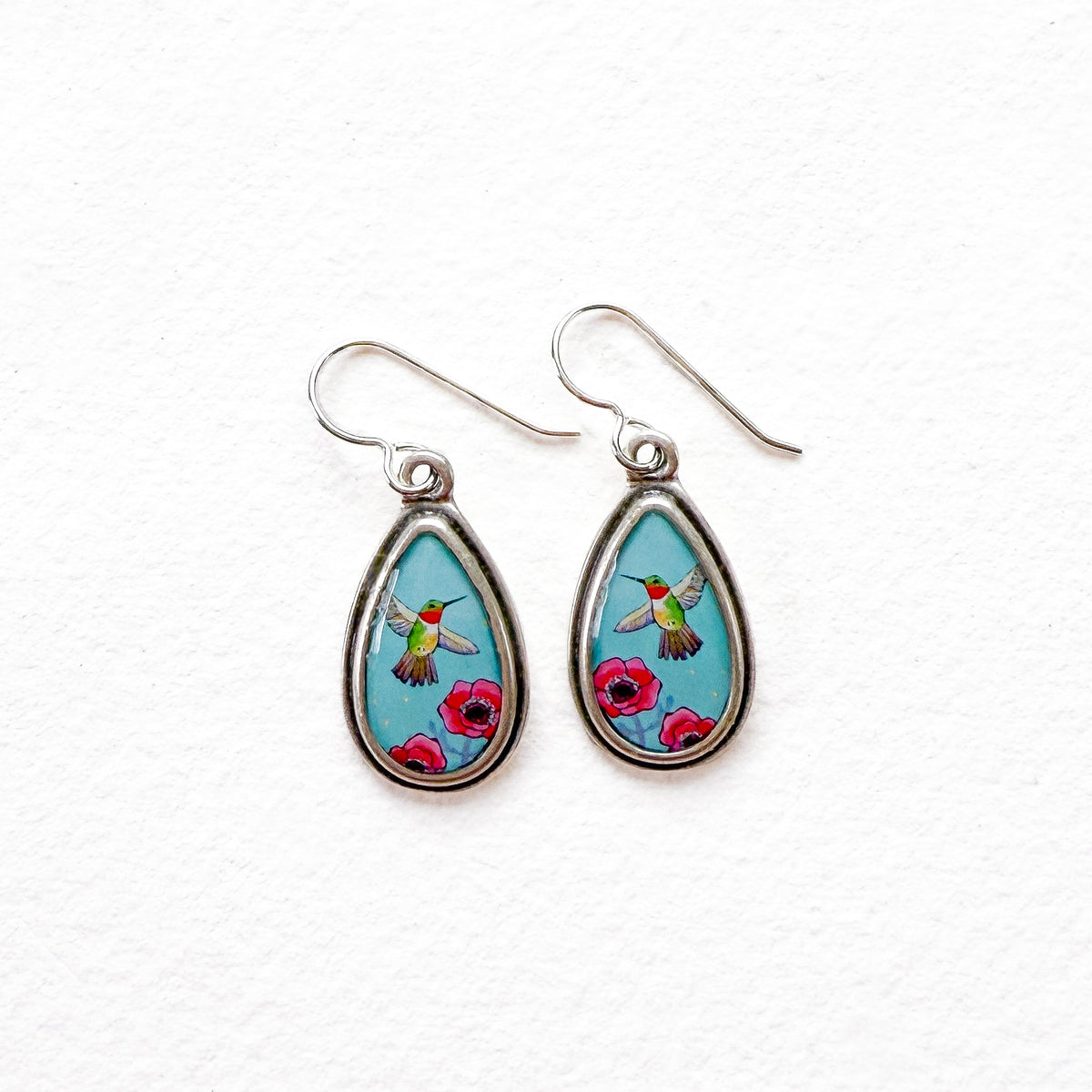 Blue Hummingbird Small Silver Teardrop Earrings