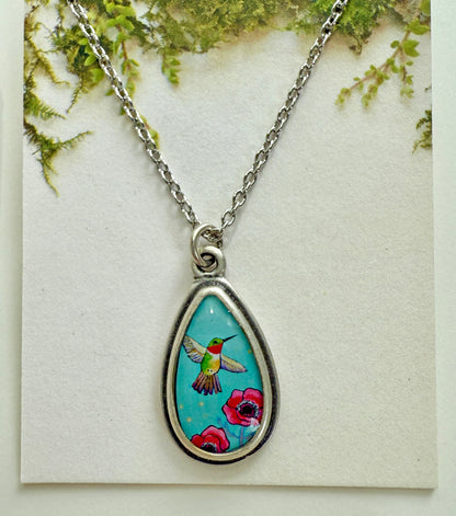 Blue Hummingbird Small Silver Teardrop Necklace