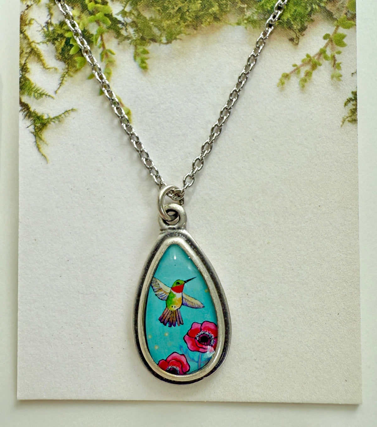 Blue Hummingbird Small Silver Teardrop Necklace