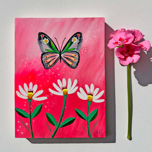 Butterfly Garden Pink Sky (6x8) Original Mixed Media Painting