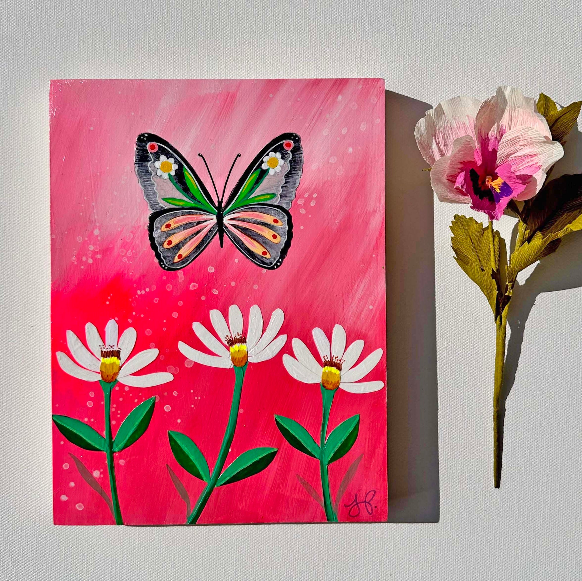 Butterfly Garden Pink Sky (6x8) Original Mixed Media Painting