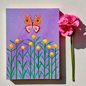 Butterfly Garden Purple Sky (6x8) Original Mixed Media Painting