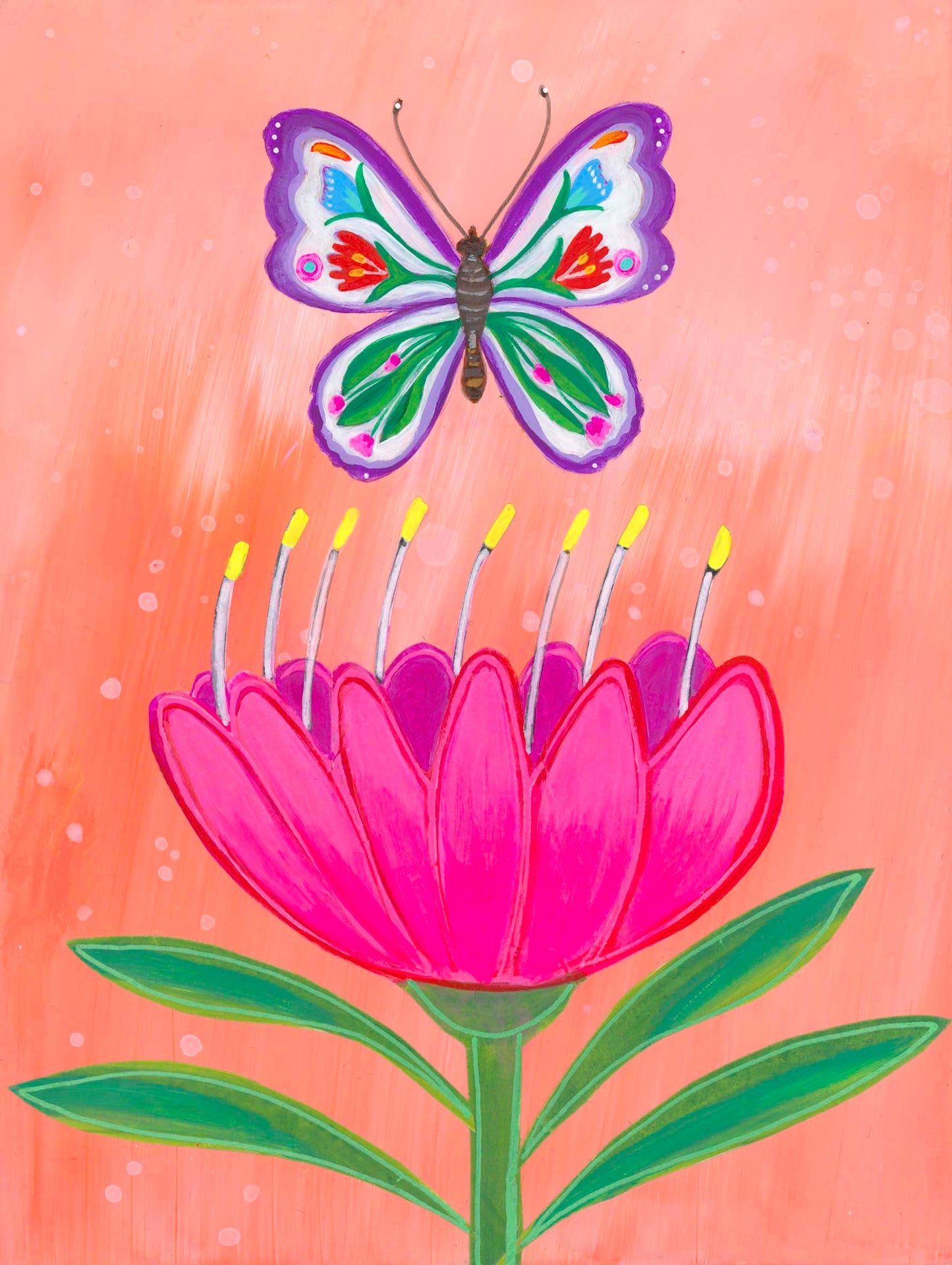 Butterfly Garden Peach Sky (6x8) Original Mixed Media Painting