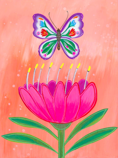 Butterfly Garden Peach Sky (6x8) Original Mixed Media Painting