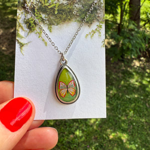 Green Butterfly Small Teardrop Silver Necklace