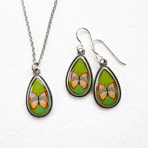 Green Butterfly Small Teardrop Silver Necklace