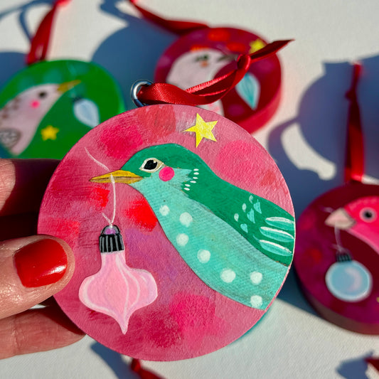 Ornament: Hand-Painted, Mixed Media - Green Forest Birdie