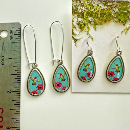 Blue Hummingbird Small Silver Teardrop Earrings