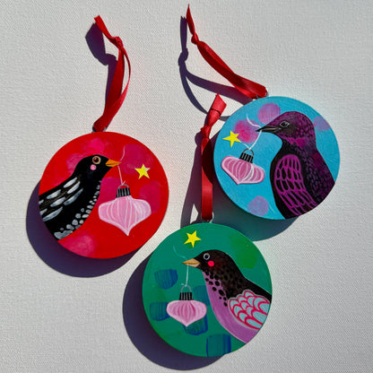 Ornament: Hand-Painted, Mixed Media - Violet Spotty Black Bird