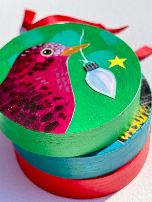 Ornament: Hand-Painted, Mixed Media - Spotty Rose Birdie