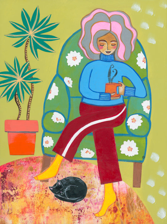 The Season of Coffee and Cat Naps- 6x8 Mixed Media Original Painting