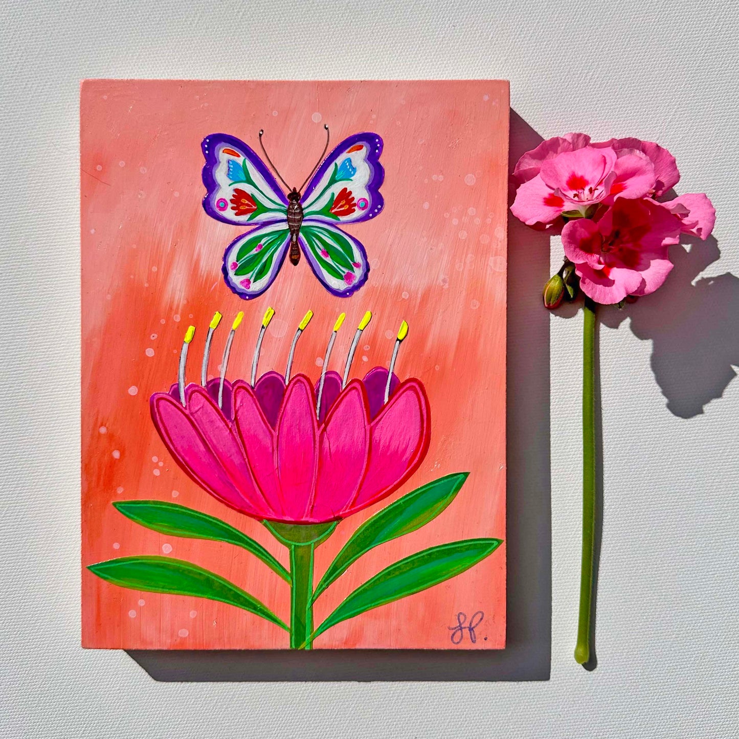 Butterfly Garden Peach Sky (6x8) Original Mixed Media Painting