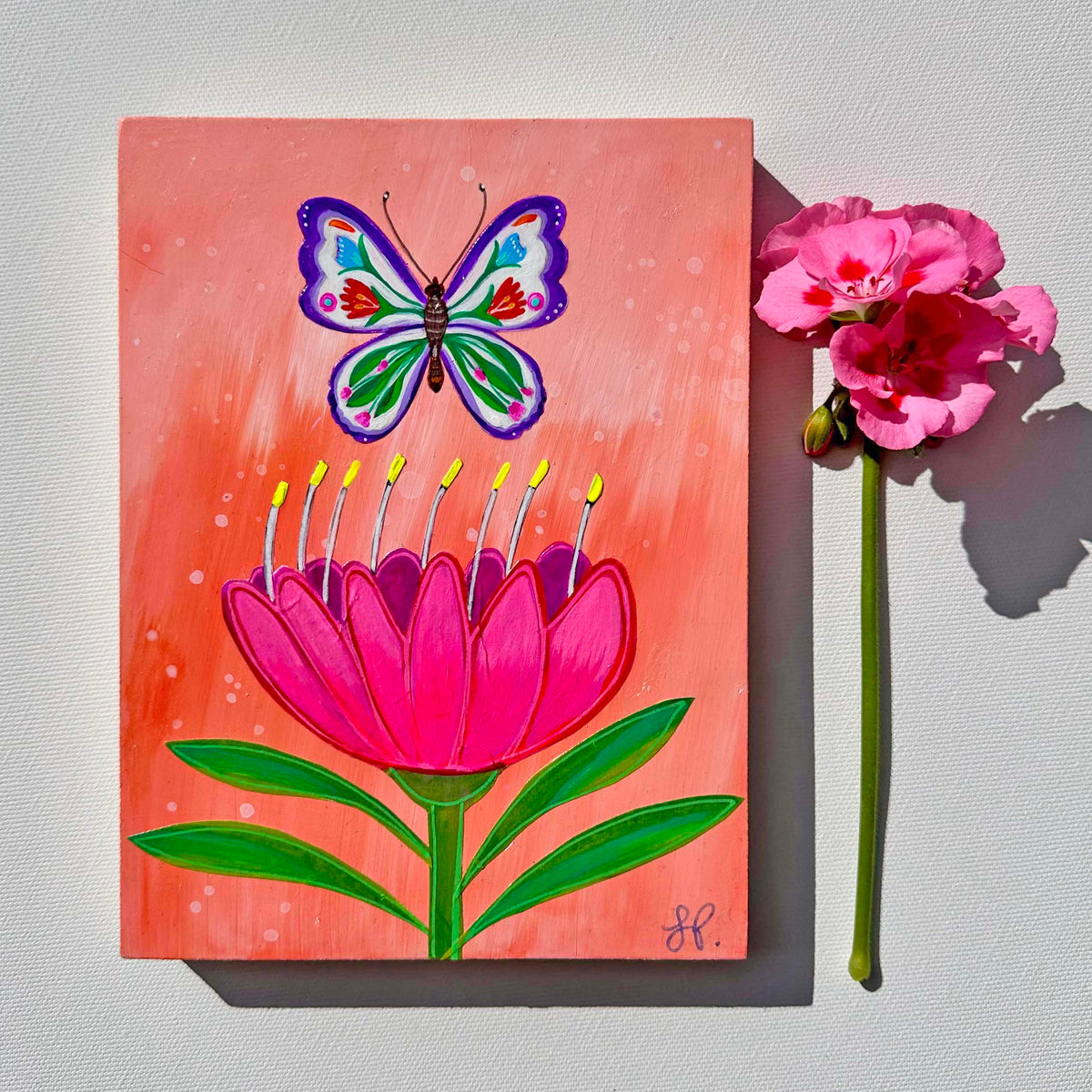 Butterfly Garden Peach Sky (6x8) Original Mixed Media Painting