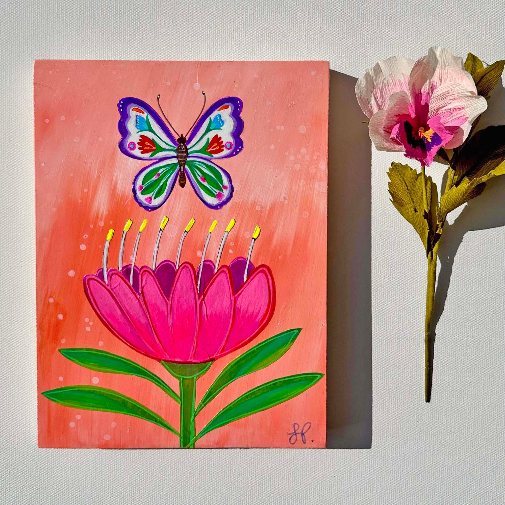 Butterfly Garden Peach Sky (6x8) Original Mixed Media Painting