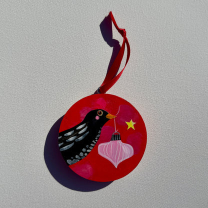 Ornament: Hand-Painted, Mixed Media - White Spotty Black Bird