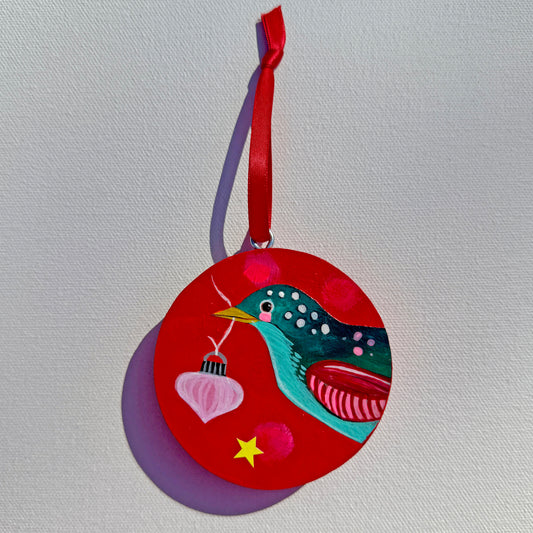 Ornament: Hand-Painted, Mixed Media - Multicolored Spotty Bird