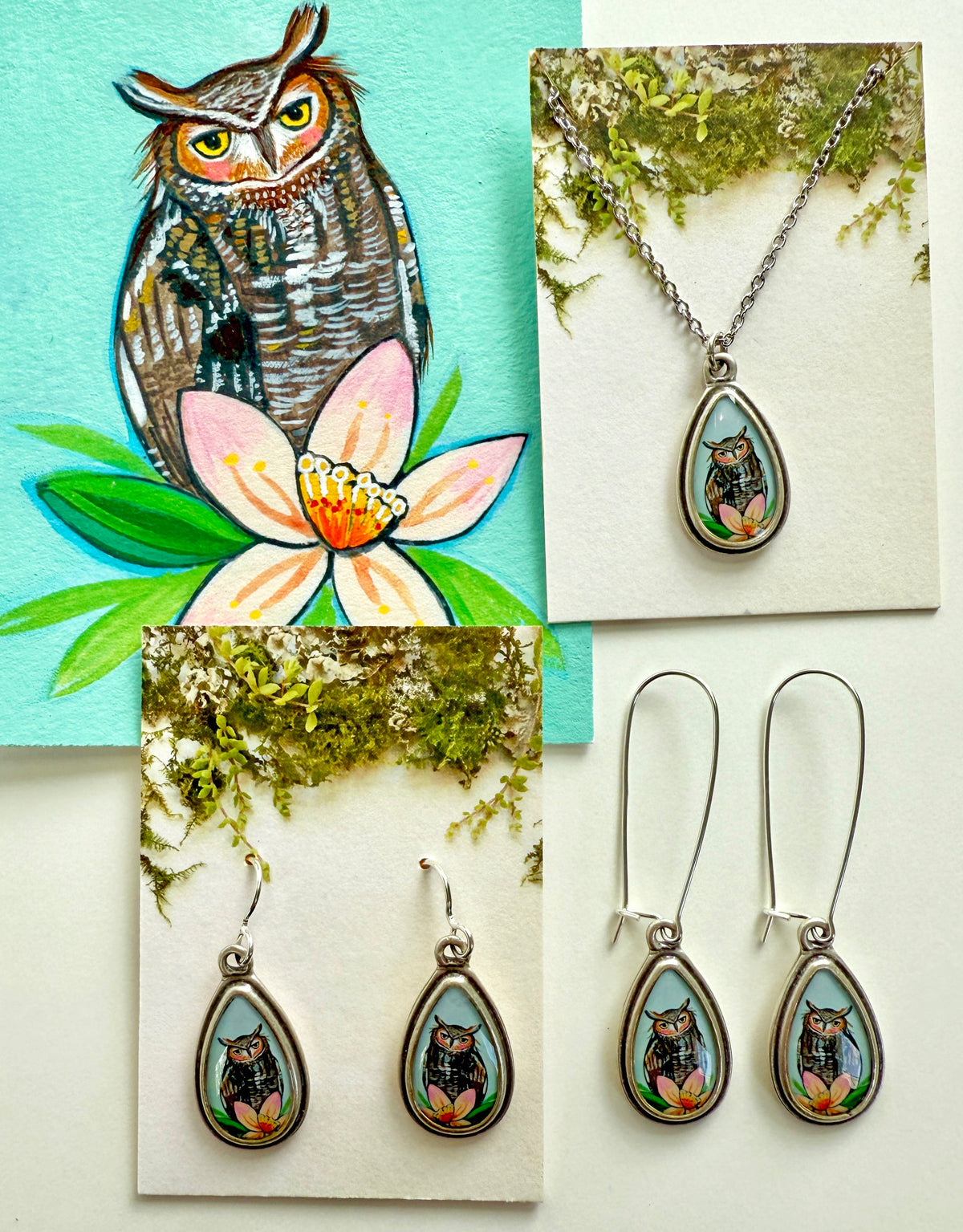 Owl Small Teardrop Silver Earrings