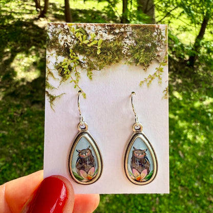 Owl Small Teardrop Silver Earrings