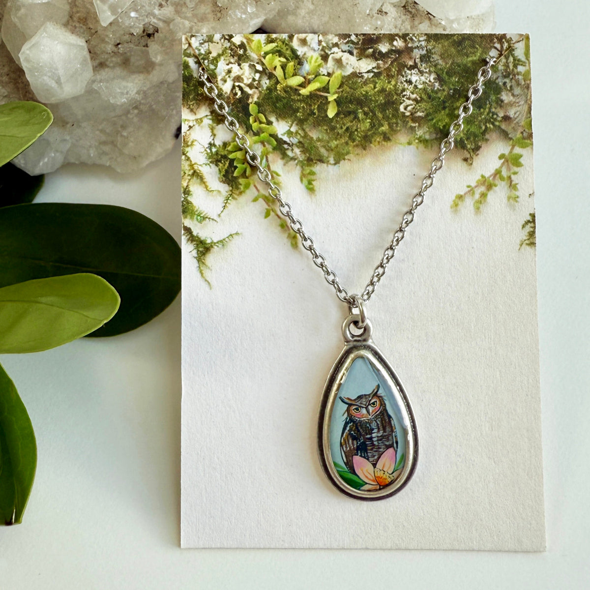 Owl Small Teardrop Silver Necklace