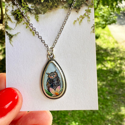 Owl Small Teardrop Silver Necklace