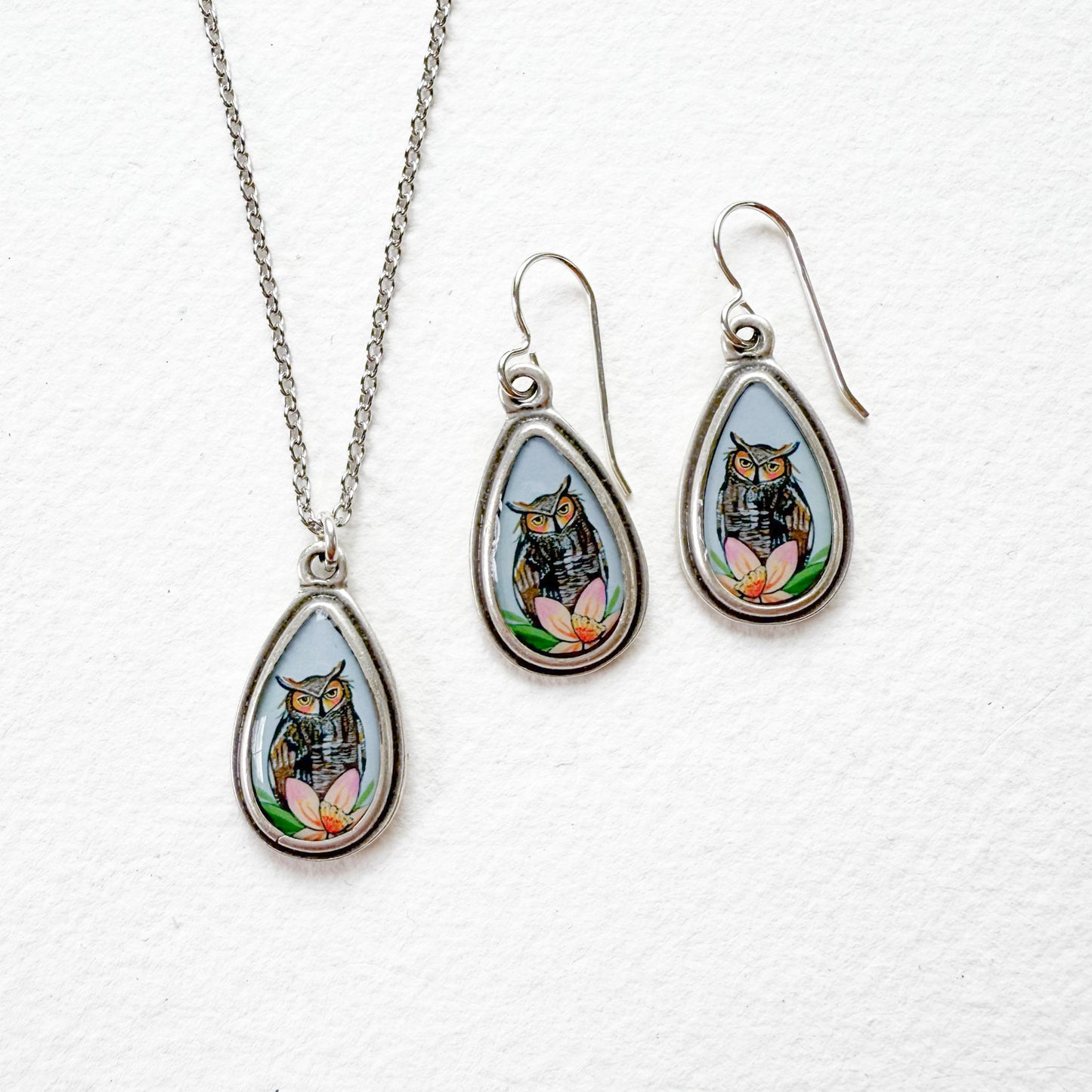 Owl Small Teardrop Silver Earrings