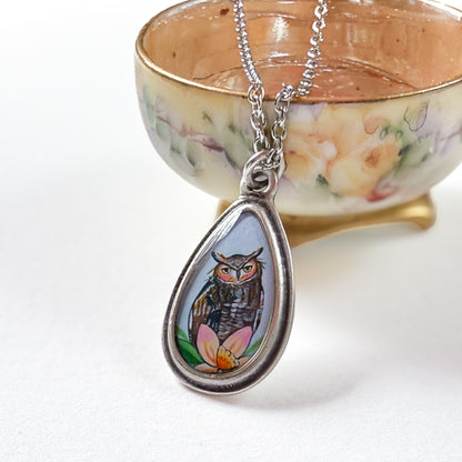 Owl Small Teardrop Silver Necklace