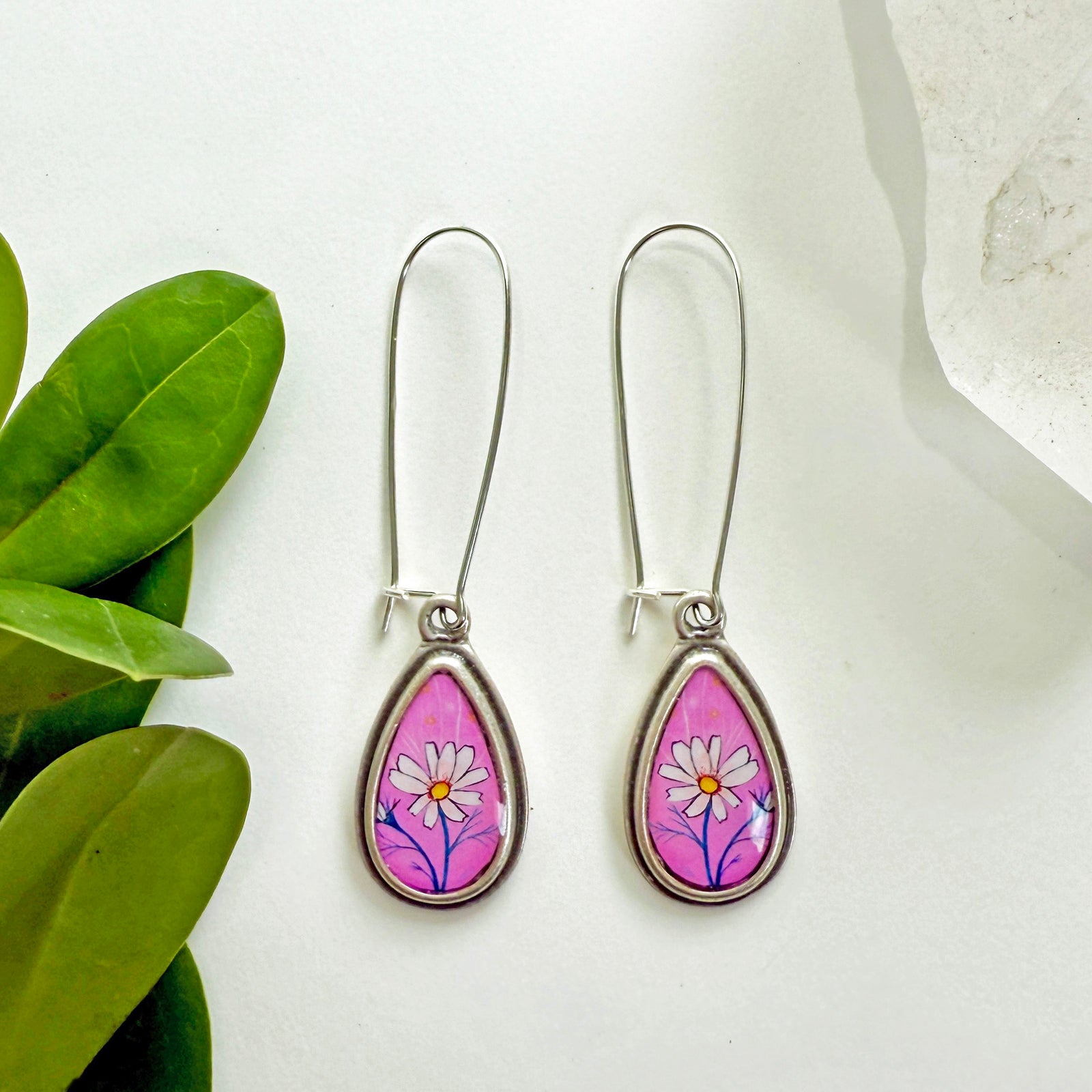 Pink Daisy Small Teardrop Earrings
