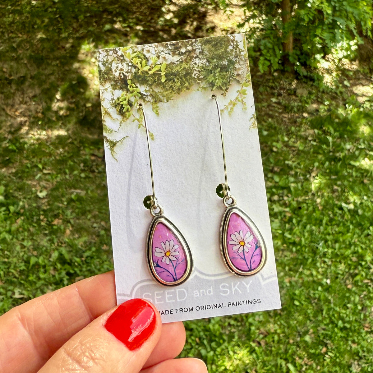 Pink Daisy Small Teardrop Earrings
