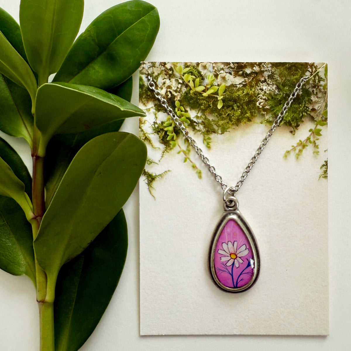 Pink Daisy Small Teardrop Silver Necklace